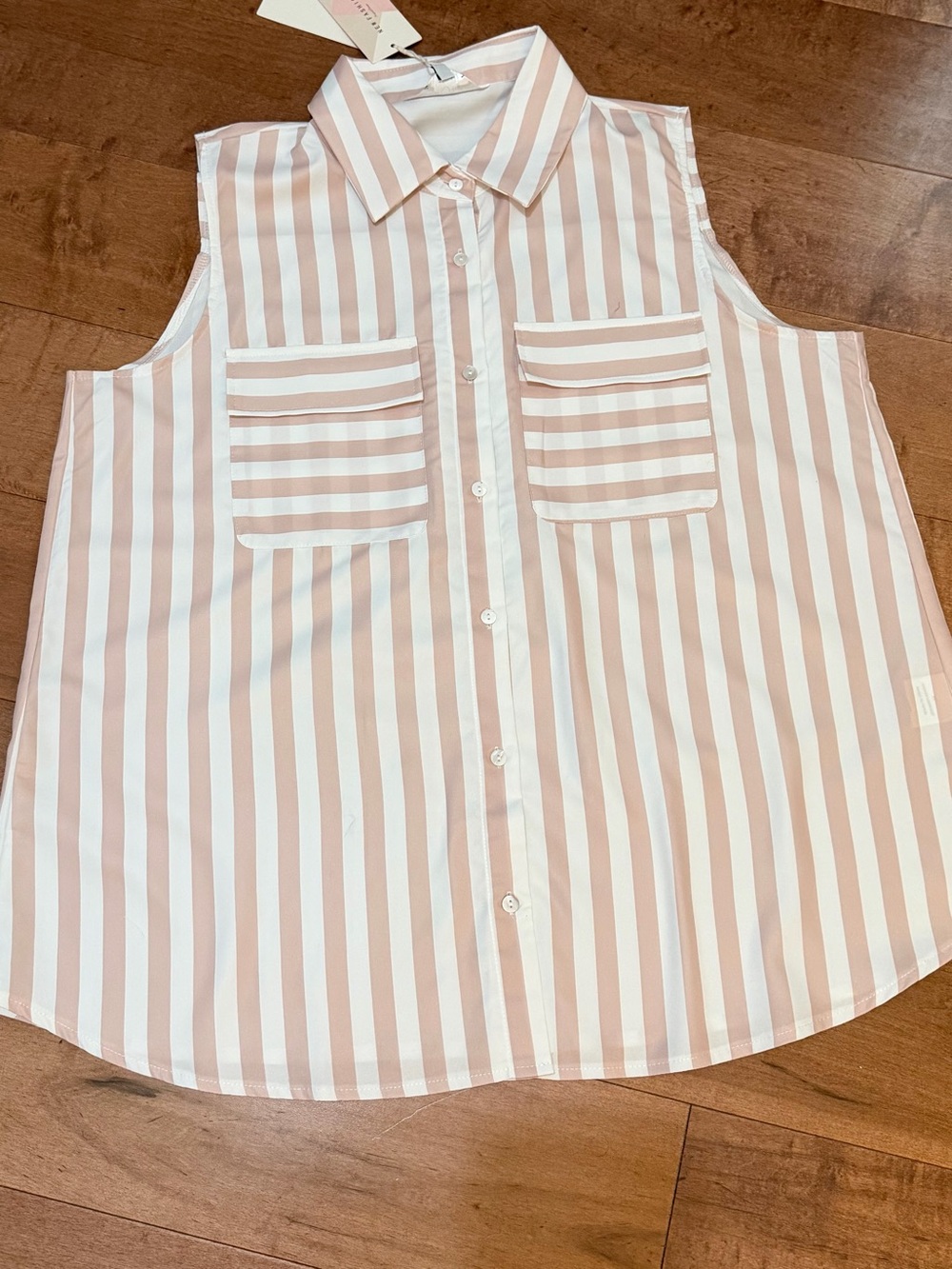 Women’s ' Sleeveless kaki and White Stripe Button-Front Shirt